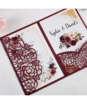 4.7 x7 inch 25PCS Blank Burgundy Wedding Invitations Kit Laser Cut Hollow Rose Pocket Wedding Invitation Cards with Envelopes...