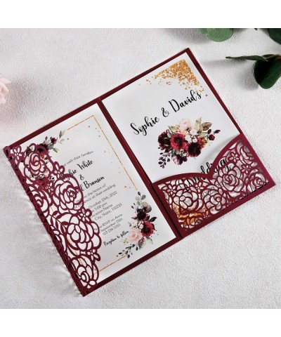 4.7 x7 inch 25PCS Blank Burgundy Wedding Invitations Kit Laser Cut Hollow Rose Pocket Wedding Invitation Cards with Envelopes...