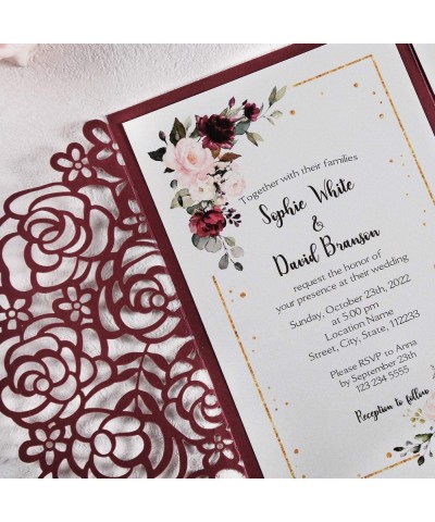 4.7 x7 inch 25PCS Blank Burgundy Wedding Invitations Kit Laser Cut Hollow Rose Pocket Wedding Invitation Cards with Envelopes...