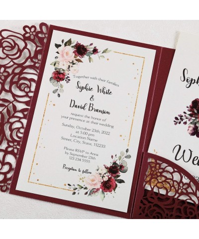 4.7 x7 inch 25PCS Blank Burgundy Wedding Invitations Kit Laser Cut Hollow Rose Pocket Wedding Invitation Cards with Envelopes...