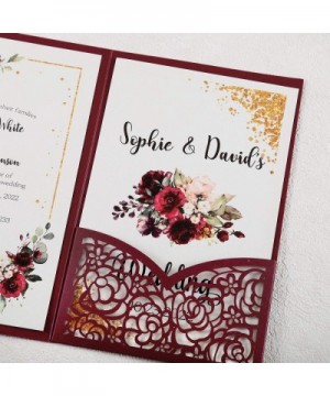 4.7 x7 inch 25PCS Blank Burgundy Wedding Invitations Kit Laser Cut Hollow Rose Pocket Wedding Invitation Cards with Envelopes...