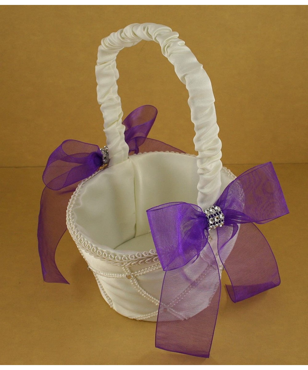 White Fabric Lattice Design Wedding Flower Girl Basket Organza Bow & Faux Rhinestone Accent (PLUM BOW) - Plum Bow - CN11NKGGC...