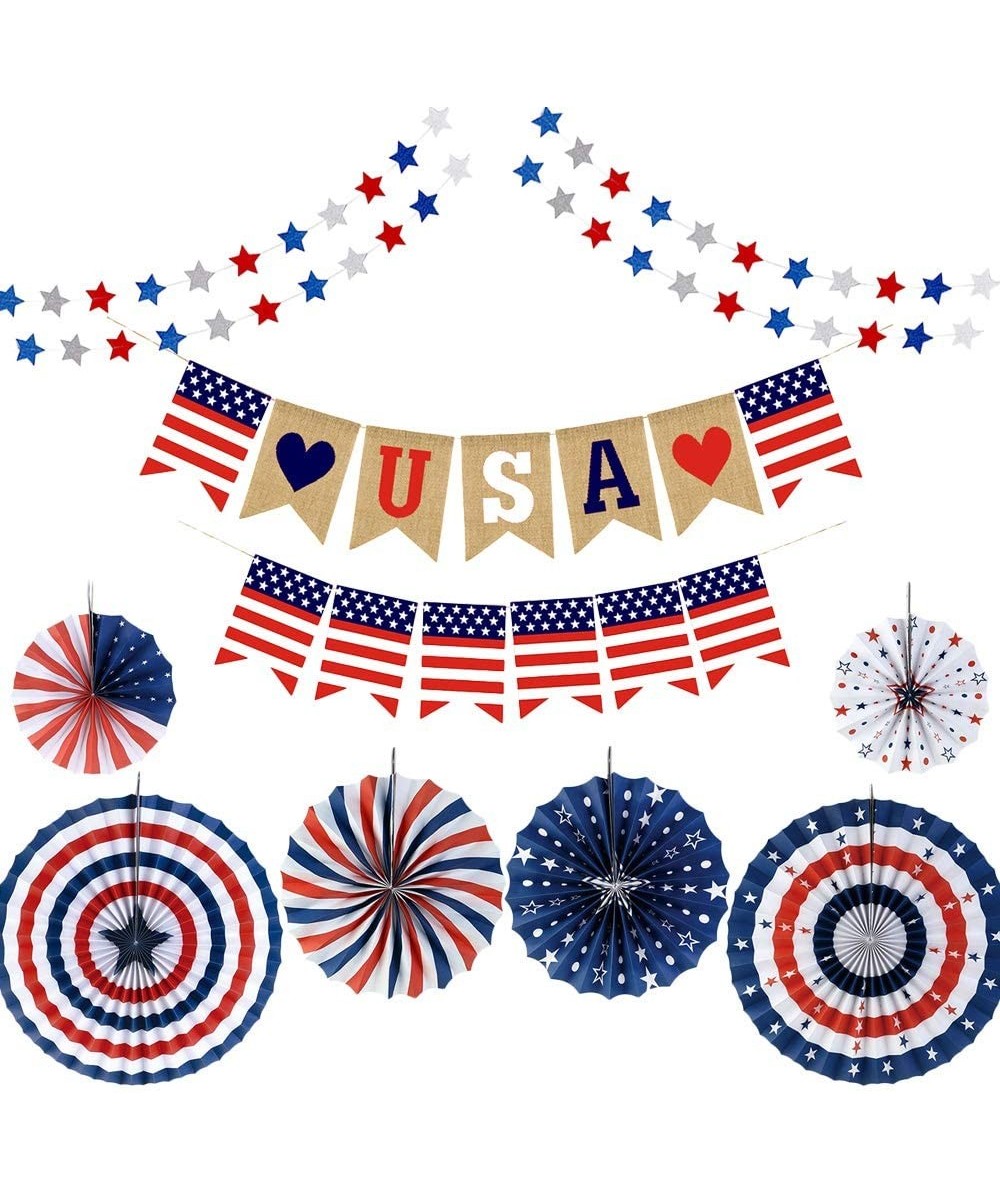 Fourth of July Patriotic Decorations- Red White Blue Hanging Paper Fans- Star Streamer Garland and USA Bunting Banner Swallow...