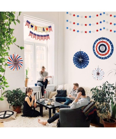 Fourth of July Patriotic Decorations- Red White Blue Hanging Paper Fans- Star Streamer Garland and USA Bunting Banner Swallow...