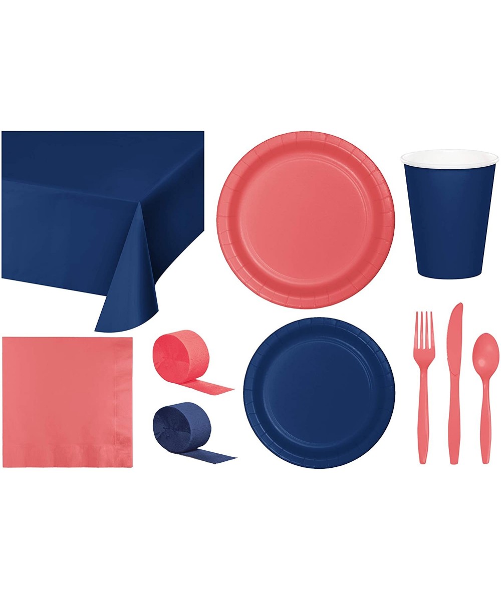 Party Bundle Bulk- Tableware for 24 People Navy Blue and Coral- 2 Size Plates Napkins- Paper Cups Tablecovers and Cutlery- Bo...