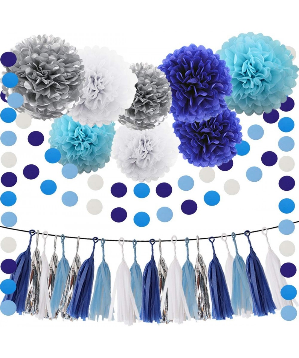 Blue Silver White Tissue Pom Poms 30pcs Paper Flowers Tassel Paper Garland Navy Blue White Baby Blue Circle Garland Kit for B...