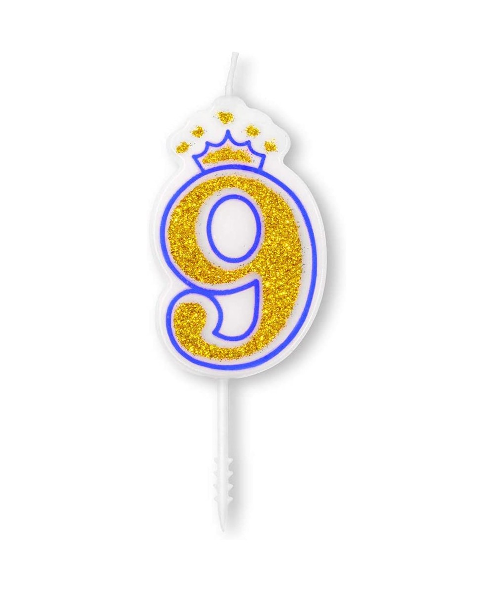 Blue Crown Candle Numbers with Gold Glitter Birthday Candle Cake Topper for Birthday Anniversary Parties (Number 9) - Number ...