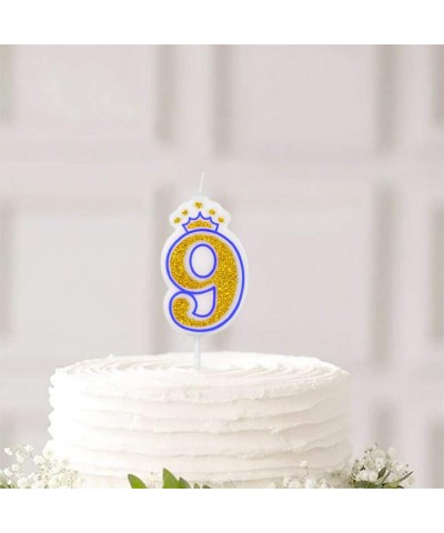 Blue Crown Candle Numbers with Gold Glitter Birthday Candle Cake Topper for Birthday Anniversary Parties (Number 9) - Number ...
