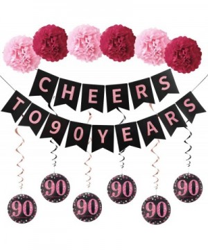 90th Birthday Party Decorations for Women - Glitter Cheers to 90 Years Banner- 6Pcs Poms- 6Pcs 90 Hanging Swirls - Rose Gold ...