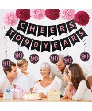 90th Birthday Party Decorations for Women - Glitter Cheers to 90 Years Banner- 6Pcs Poms- 6Pcs 90 Hanging Swirls - Rose Gold ...