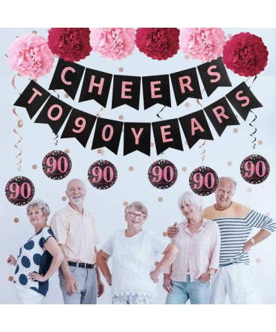 90th Birthday Party Decorations for Women - Glitter Cheers to 90 Years Banner- 6Pcs Poms- 6Pcs 90 Hanging Swirls - Rose Gold ...