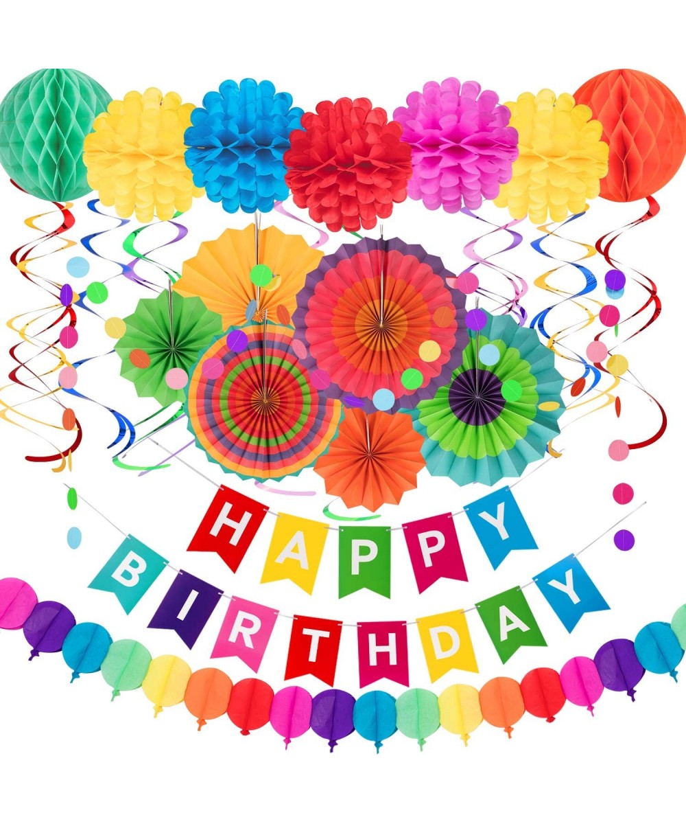 28Pcs Colorful Birthday Decorations- Fiesta Hanging Paper Fans-Hanging Swirl-Polka Dot String-Pom Poms Flowers-Happy Birthday...