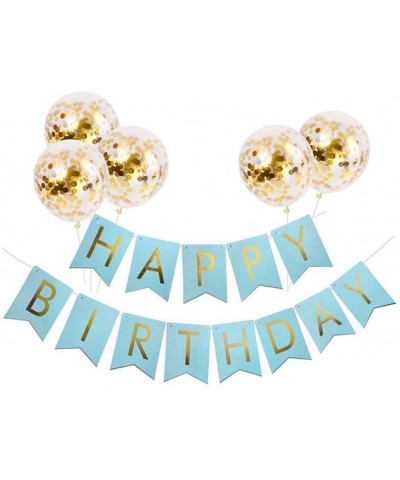 Light Blue HAPPY BIRTHDAY Banner with 5 pcs Gold Confetti Balloons - Blue&gold - CL18I3WDGSQ $6.15 Banners & Garlands