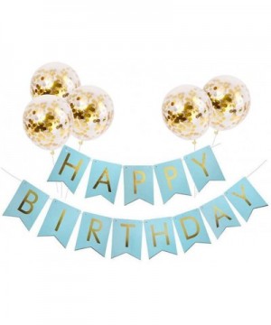 Light Blue HAPPY BIRTHDAY Banner with 5 pcs Gold Confetti Balloons - Blue&gold - CL18I3WDGSQ $6.15 Banners & Garlands