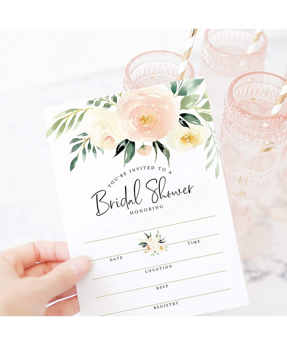 Bridal Shower Invitations with Envelopes- 25 Cards + 25 Envelopes- 5x7 Blank Fill-in Invites in Coral Greenery Watercolor Flo...