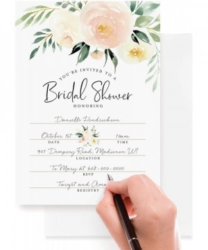 Bridal Shower Invitations with Envelopes- 25 Cards + 25 Envelopes- 5x7 Blank Fill-in Invites in Coral Greenery Watercolor Flo...