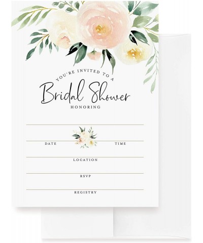 Bridal Shower Invitations with Envelopes- 25 Cards + 25 Envelopes- 5x7 Blank Fill-in Invites in Coral Greenery Watercolor Flo...