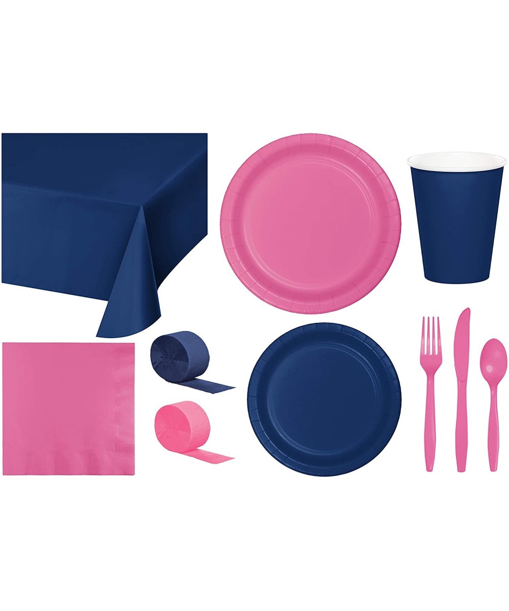 Party Bundle Bulk- Tableware for 24 People Navy Blue and Candy Pink- 2 Size Plates Napkins- Paper Cups Tablecovers and Cutler...
