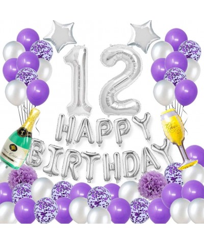 Happy 12ND Birthday Party Decorations Pack-Purple Silver Theme Happy Birthday Banner Foil Number 12 12inch Purple Confetti Ba...