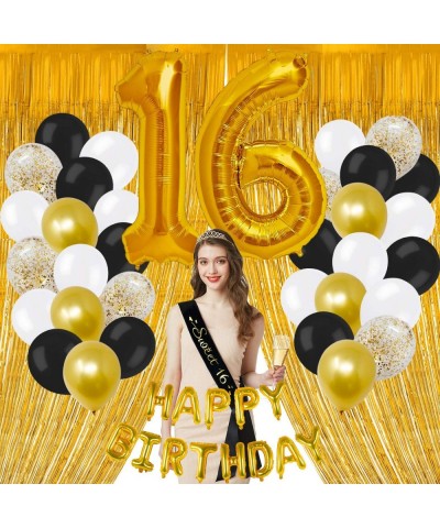 WAOO Sweet 16 Birthday Decorations- Black and Gold Party Supplies- 16th Birthday Party Supplies Including Foil Curtains- Foil...