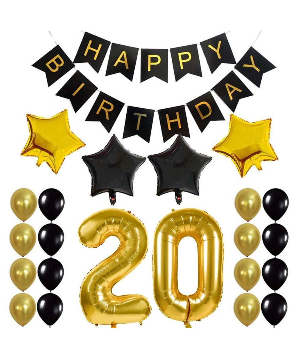 20th Birthday Party Decorations Kit - Happy Birthday Balloon Banner- Number "20" Balloon Mylar Foil- Black Gold Latex Ballon-...