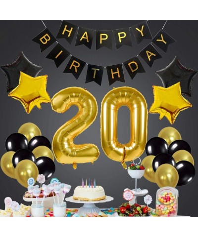 20th Birthday Party Decorations Kit - Happy Birthday Balloon Banner- Number "20" Balloon Mylar Foil- Black Gold Latex Ballon-...