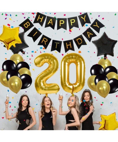 20th Birthday Party Decorations Kit - Happy Birthday Balloon Banner- Number "20" Balloon Mylar Foil- Black Gold Latex Ballon-...