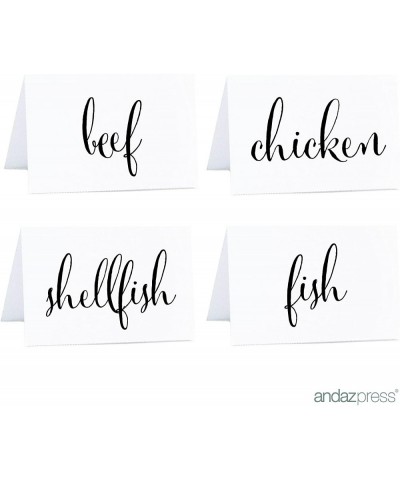 Food Station Buffet Table Tent Place Cards- Formal Black and White Print- Beef- Chicken- Fish- Shellfish- 20-Pack- for Weddin...