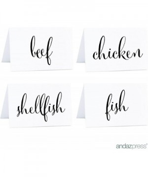 Food Station Buffet Table Tent Place Cards- Formal Black and White Print- Beef- Chicken- Fish- Shellfish- 20-Pack- for Weddin...