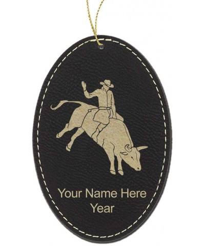 Faux Leather Christmas Ornament- Bull Rider Cowboy- Personalized Engraving Included (Black with Gold- Oval) - Black - CP18QGN...