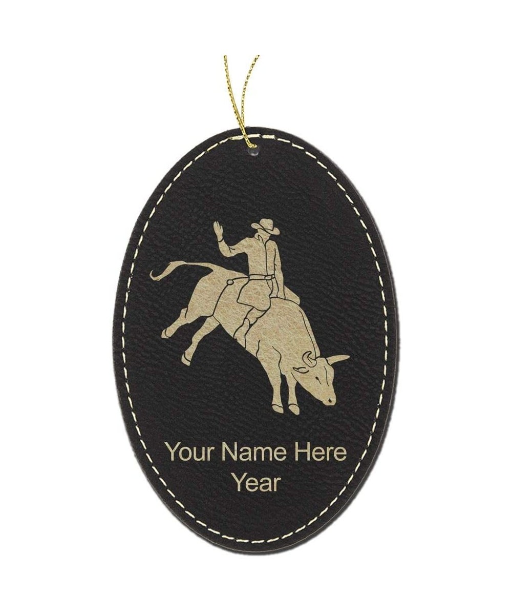 Faux Leather Christmas Ornament- Bull Rider Cowboy- Personalized Engraving Included (Black with Gold- Oval) - Black - CP18QGN...