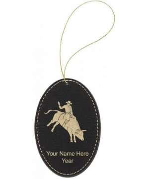 Faux Leather Christmas Ornament- Bull Rider Cowboy- Personalized Engraving Included (Black with Gold- Oval) - Black - CP18QGN...