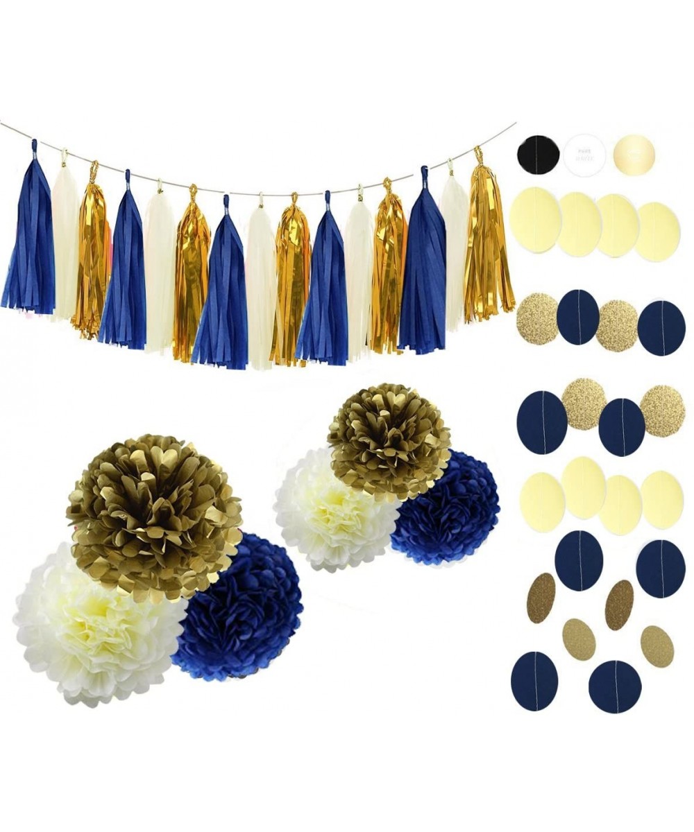 Navy Blue Party Decor Kit- Nautical Party Decorations- Hanging Pom Pom Flowers- Gold Foil Paper Garland for Nautical Baby Sho...