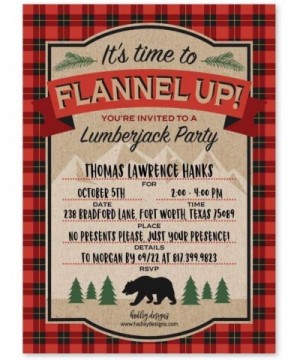 25 Lumberjack Bear Birthday Invitations- Woodland Camping Themed Party Invite- Outdoor Wood Plaid Forest Bday Event Supply Id...