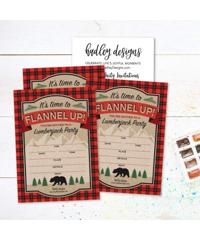 25 Lumberjack Bear Birthday Invitations- Woodland Camping Themed Party Invite- Outdoor Wood Plaid Forest Bday Event Supply Id...