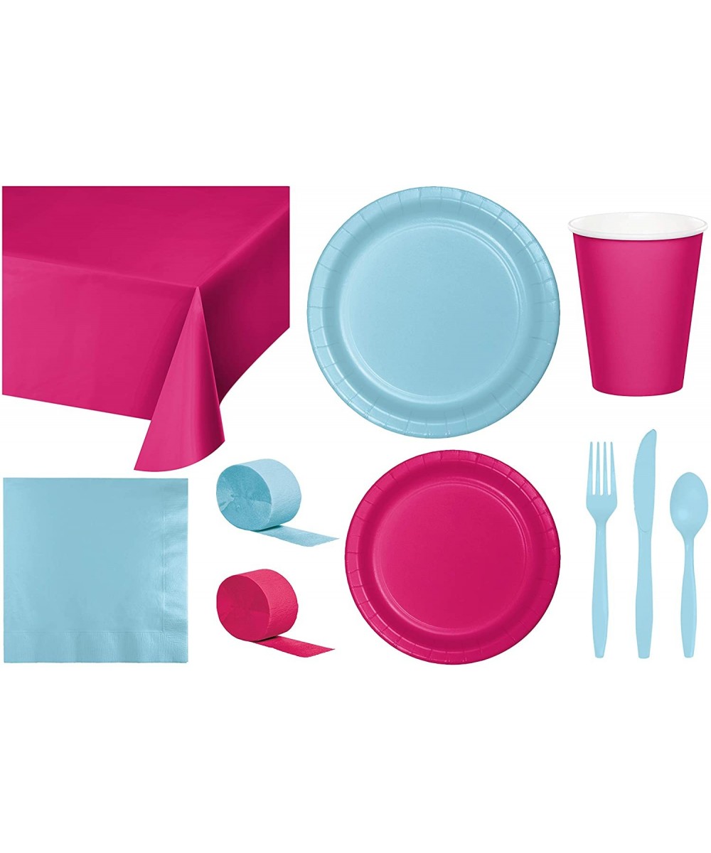 Party Bundle Bulk- Tableware for 24 People Magenta Pink and Pastel Blue- 2 Size Plates Napkins- Paper Cups Tablecovers and Cu...