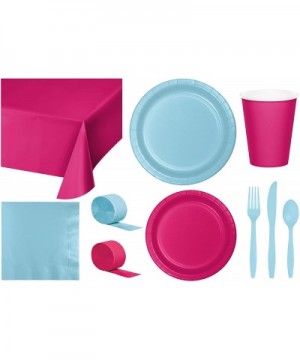 Party Bundle Bulk- Tableware for 24 People Magenta Pink and Pastel Blue- 2 Size Plates Napkins- Paper Cups Tablecovers and Cu...