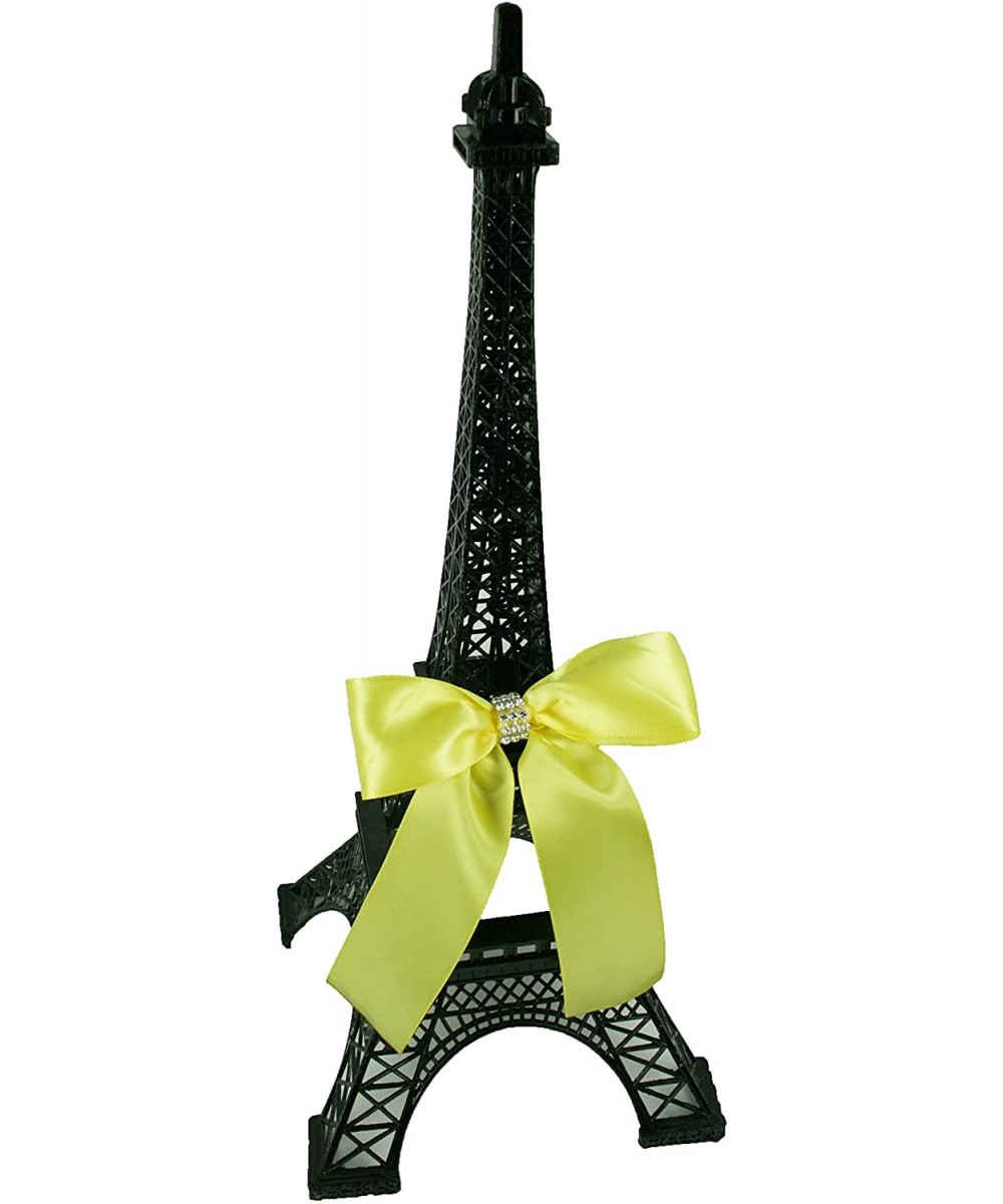 6" Tall Black Metal Eiffel Tower Cake Topper with Satin Bow Designed with Rhinestones Choose Bow Color - Canary Yellow Bow - ...