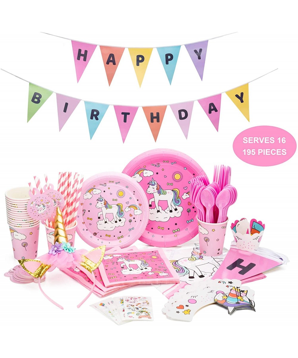 Unicorn Party Supplies Set - 195 Pcs Unicorn Themed Birthday Decorations & Tableware Kit- Serves 16 Guest- Bonus Unicorn Head...