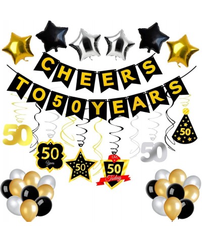 50th Birthday Party Decorations - Gold Glittery Cheers to 50 Years Banner-50th Birthday Hanging Swirls-Balloons for 50th Birt...