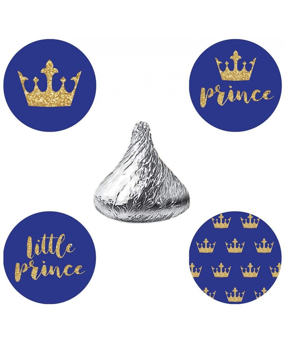 Blue Glitter Prince Candy Stickers- Royal Blue Gold Crown Boy Baby Shower Birthday Party Favor Labels- Fit Hershey's Kisses- ...