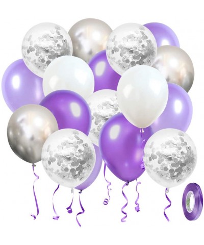 Purple White Silver Balloons 50pcs- 12 Inch Silver Confetti Balloons Latex Balloons with Purple Ribbon for Birthday Party Dec...