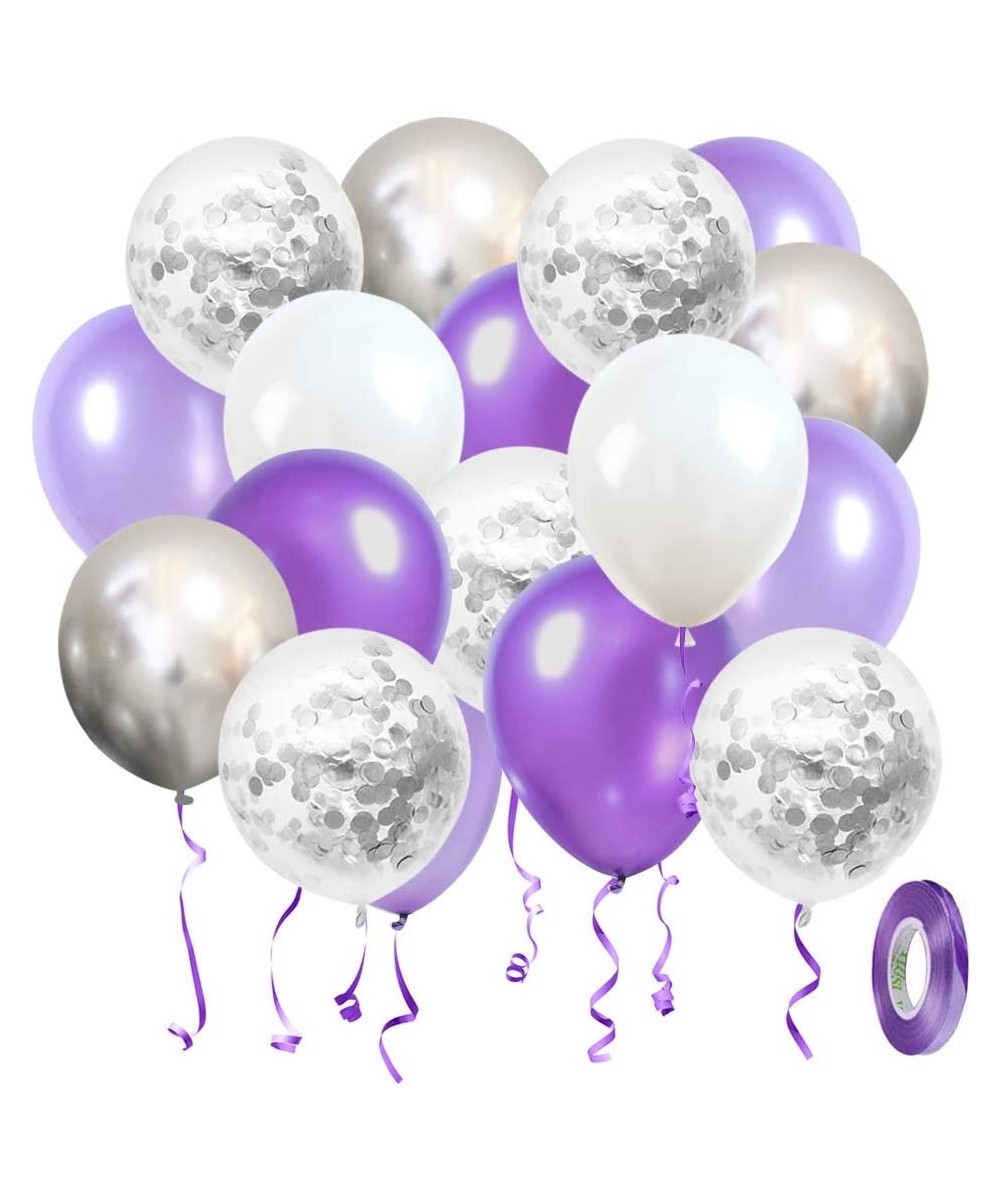 Purple White Silver Balloons 50pcs- 12 Inch Silver Confetti Balloons Latex Balloons with Purple Ribbon for Birthday Party Dec...