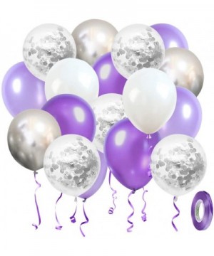 Purple White Silver Balloons 50pcs- 12 Inch Silver Confetti Balloons Latex Balloons with Purple Ribbon for Birthday Party Dec...