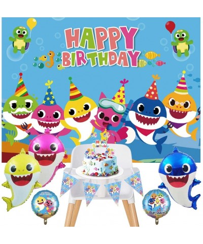 Baby Shark Birthday Decorations Shark Birthday Backdrop for Kid- Shark Theme Party Decor with Balloons- Pennant- Cake Topper-...