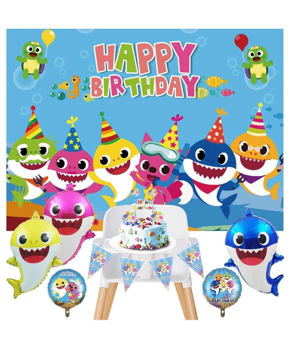 Baby Shark Birthday Decorations Shark Birthday Backdrop for Kid- Shark Theme Party Decor with Balloons- Pennant- Cake Topper-...