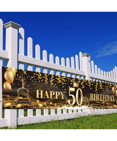 Large Happy 50th Birthday Outdoor Banner- Black Gold Hanging Banner Party Sign (9.8x1.6feet) Party Decoration Celebration Fla...