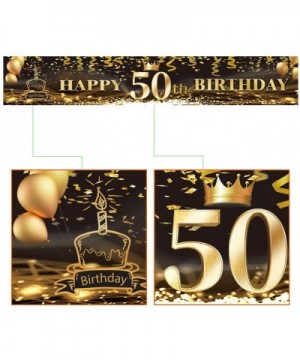 Large Happy 50th Birthday Outdoor Banner- Black Gold Hanging Banner Party Sign (9.8x1.6feet) Party Decoration Celebration Fla...
