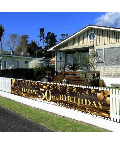 Large Happy 50th Birthday Outdoor Banner- Black Gold Hanging Banner Party Sign (9.8x1.6feet) Party Decoration Celebration Fla...