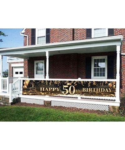 Large Happy 50th Birthday Outdoor Banner- Black Gold Hanging Banner Party Sign (9.8x1.6feet) Party Decoration Celebration Fla...